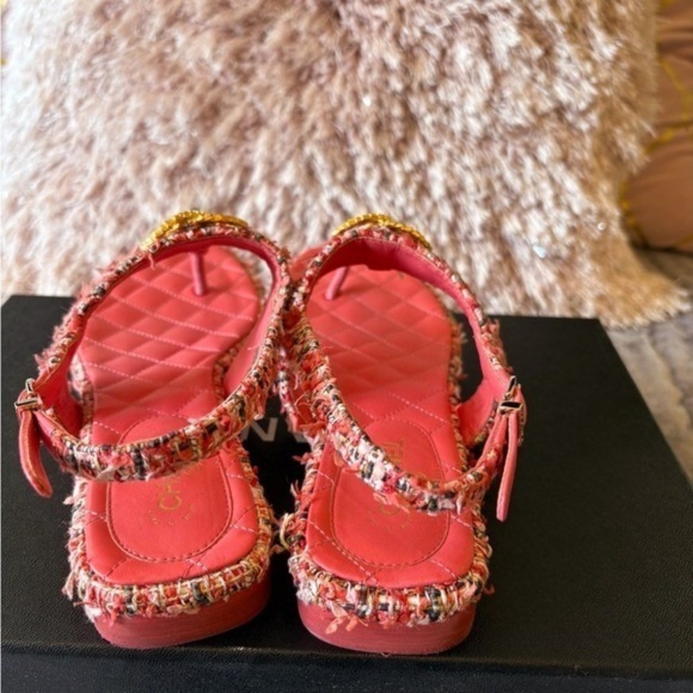 CHANEL Pink Tweed Sandals • Gold CC Logo • Size 37.5 EU • US Size Worn 1X w/ Box - Picture 2 of 15